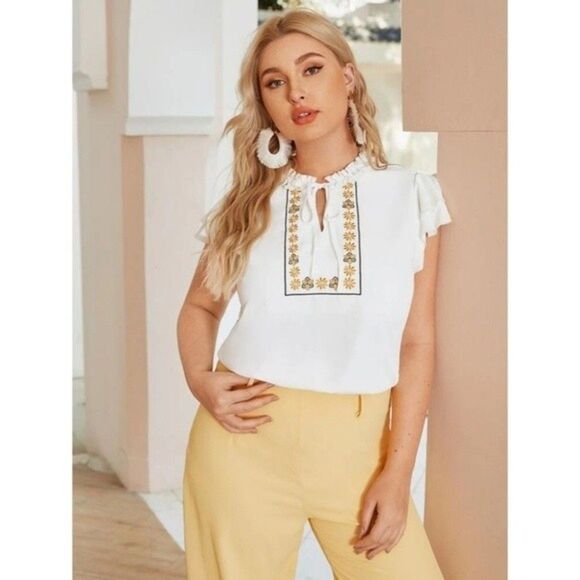 SHEIN Frill Tie Neck Butterfly Sleeve Embroidery Top Size 0X NWOT 1 0189 - Picture 4 of 6